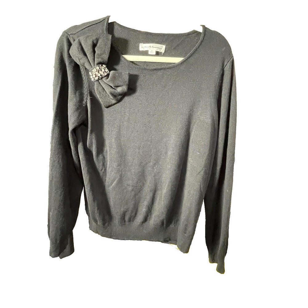 La Nouvelle Renaissance Black Sweater Jewel Gem Bow Pullover Top Shirt Sz Med